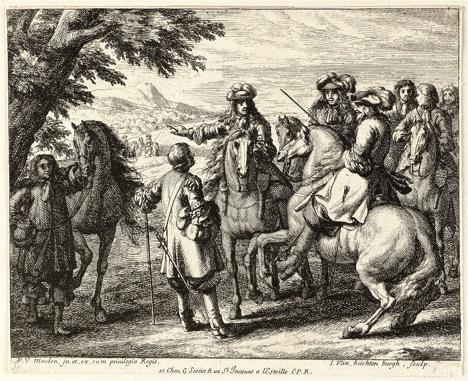 Een overleg tussen drie legeraanvoerders te paard en één op de grond staande man op de voorgrond in een landschap. Links houdt een man een paard bij de teugels. NL-HlmNHA 1477 53009197