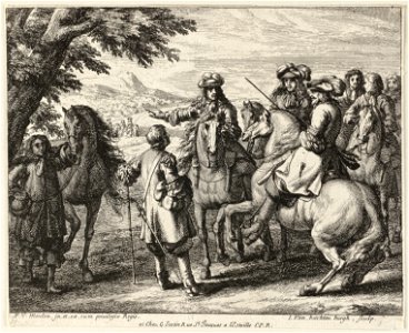 Een overleg tussen drie legeraanvoerders te paard en één op de grond staande man op de voorgrond in een landschap. Links houdt een man een paard bij de teugels. NL-HlmNHA 1477 53009197