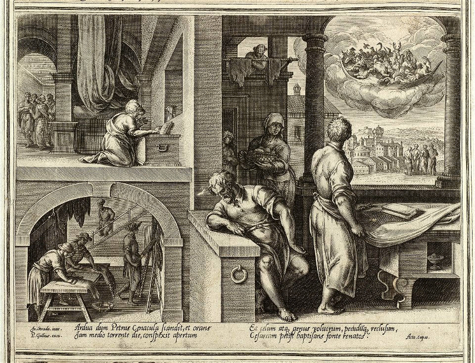 Derde prent uit de ongenummerde, achttiendelige prentenserie getiteld 'Acta Apostolorum' 'Handelingen van de apostelen'. NL-HlmNHA 1477 53008154