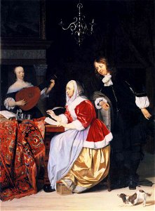 Gabriel Metsu - A Young Woman Composing Music and a Curious Man. Free illustration for personal and commercial use.
