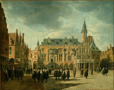 Gerrit Adriaensz Berckheyde - Haarlem City hall with figures on the Grote markt - 1671 FHM OS-I-10. Free illustration for personal and commercial use.