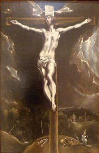 El Greco - Cristo en la cruz, en un paisaje con jinetes. Free illustration for personal and commercial use.