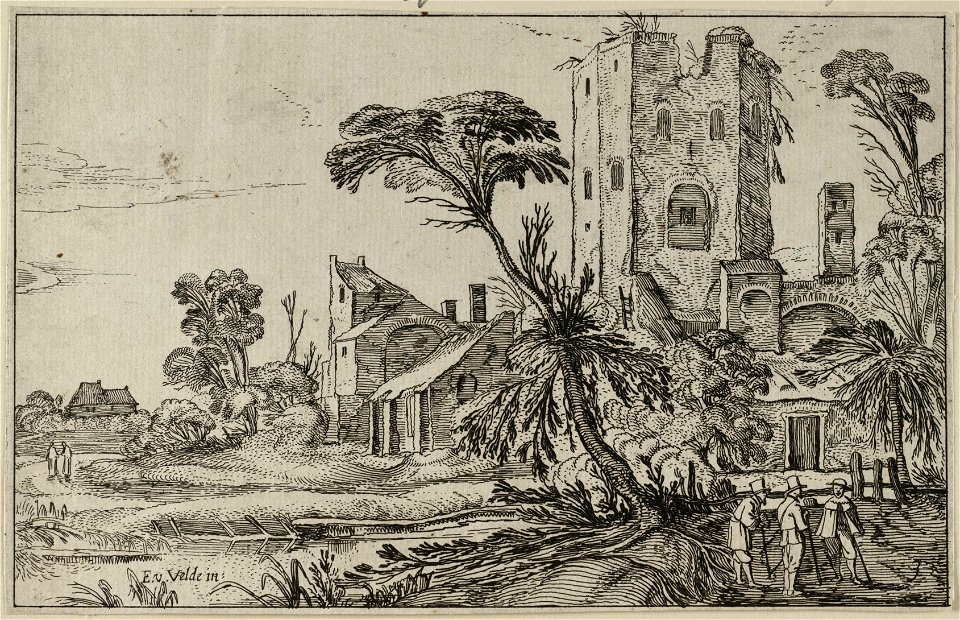 Drie mannen op een pad langs een vervallen toren. NL-HlmNHA 53012210