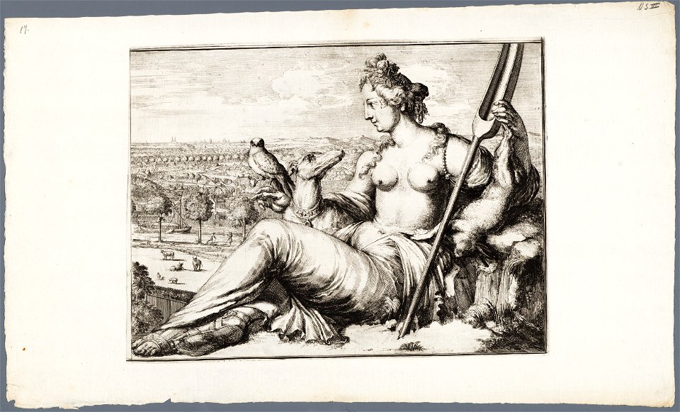 Diana, de godin van de jacht, met op de achtergrond een gezicht over de Leidsevaart afbeelding door Romeyn de Hooghe. - s.l. s.n, 1688. - 1 prent kopergravure moet 26,2 x 35,, NL-HlmNHA 53008929