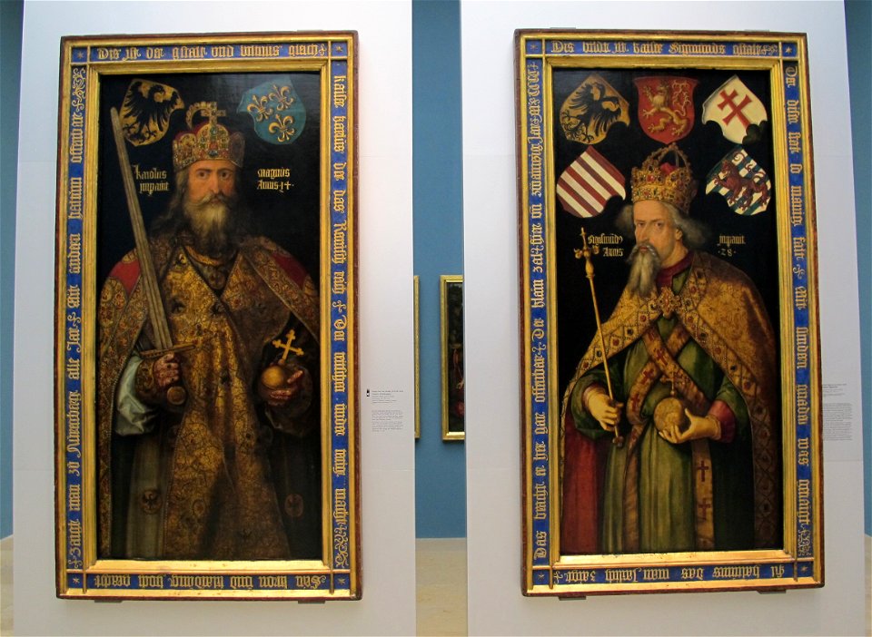 Albrecht Dürer, doppio ritratto degli imperatori carlo magno e sigismondo, 1511-13 ca