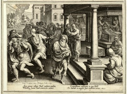 Elfde prent uit de ongenummerde, achttiendelige prentenserie getiteld 'Acta Apostolorum' 'Handelingen van de apostelen'. NL-HlmNHA 1477 53008163