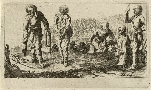 Een misdadiger wordt naar zijn executie geleid.br Tweede prent uit een serie van vier prenten met genre voorstellingen. NL-HlmNHA 1477 53011624
