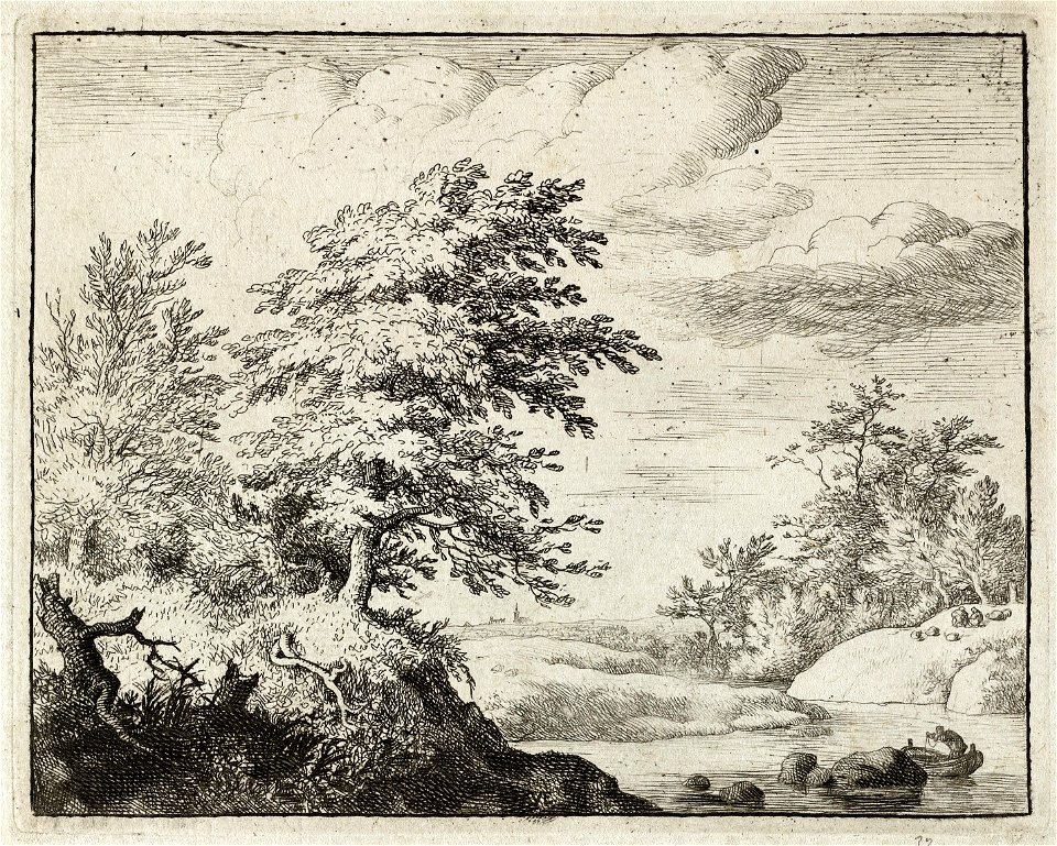 Gezicht op een slingerende rivier met een visser in een roeiboot. Op de oever grote bomen en aan de horizon een kerktoren. NL-HlmNHA 1477 53007964 K