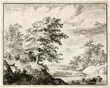 Gezicht op een slingerende rivier met een visser in een roeiboot. Op de oever grote bomen en aan de horizon een kerktoren. NL-HlmNHA 1477 53007964 K