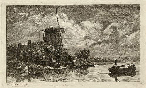 Een door vollemaan verlicht nachtlandschap met een molen aan een vaart. Op de vaart bootjes met figuren en bij de molen een helling met een bootje. NL-HlmNHA 1477 53010896
