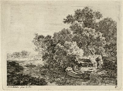 Een aangemeerd bootje op een vaart. In het bootje een schipper met manden. rechts een mannetje met een mand op zijn rug. Links op de vaart een tweede bootje met schipper, NL-HlmNHA 1477 53010902