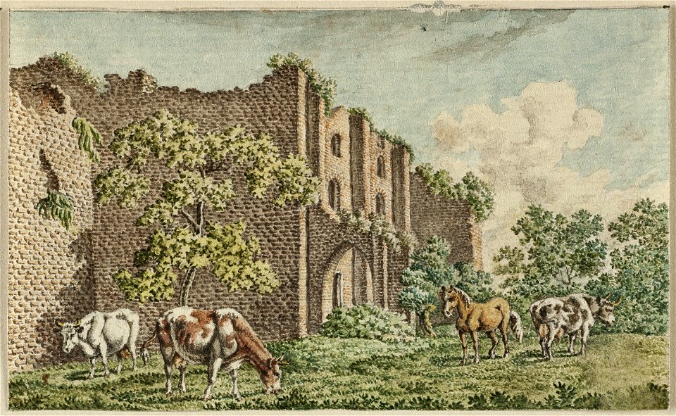 Gezicht op de ruïne van Brederode met koeien en een paard op de voorgrond. NL-HlmNHA 1477 53012157