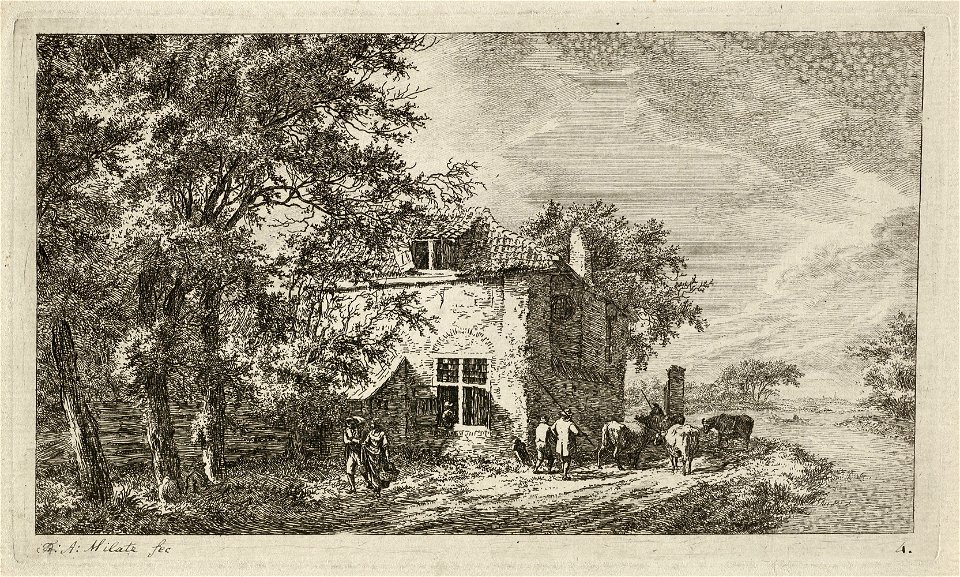 Een koeiendrijver met koeien op een weg bij een huis langs een vaart. Uit het raam van het huis leunt een figuur. Links een man met een pak op zijn rug en een vrouw met een mand. NL-HlmNHA 1477 53010894