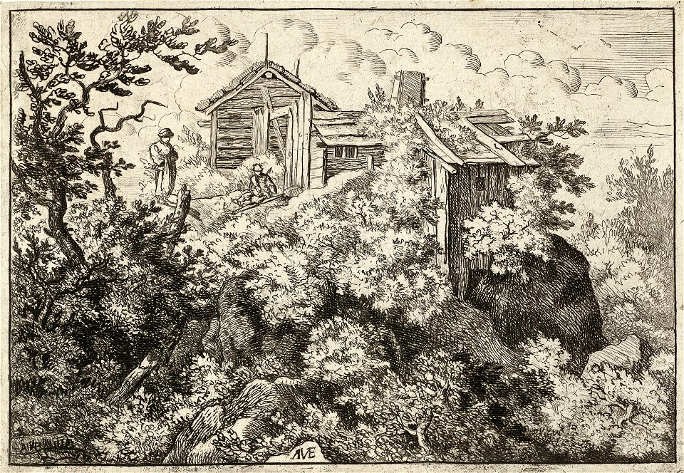 Gezicht op houten huisjes op een rots begroeid met bomen en struikgewas. Op een open plek een staand en zittend persoon. NL-HlmNHA 1477 53007972 K