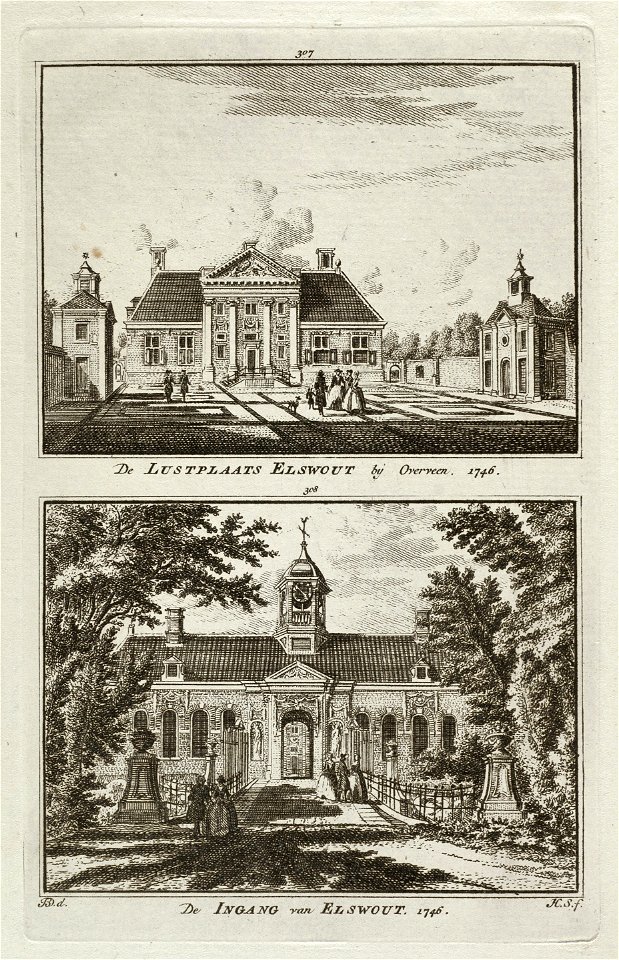 Gezicht op het huis en de poort van de buitenplaats Elswout. NL-HlmNHA 1477 53011894-011895