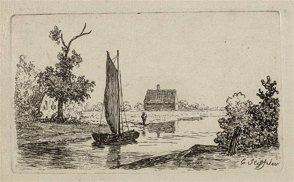 Een zeilboot vaart op het water. Op de achtergrond een huis. NL-HlmNHA 1477 53012063