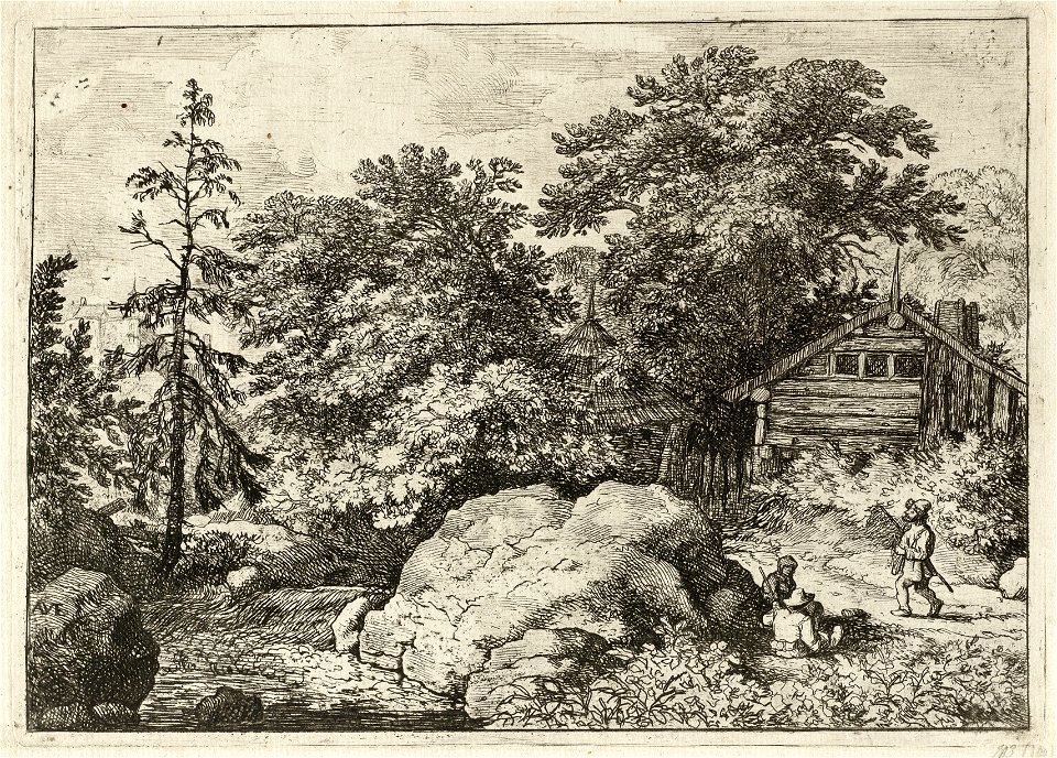 Gezicht op een grote rots aan de oever van een rivier met waterval. Naast de rots twee zittende en een staande man. Op de achtergrond een houten huis en tussen de bomen een rieten overkappin, NL-HlmNHA 1477 53008031 K