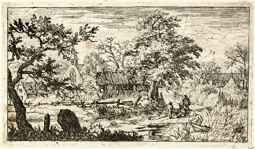 Gezicht op enkele huizen en een kerk achter twee grote bomen. Tussen het riet een man in een roeiboot en op de oever drie personen. NL-HlmNHA 1477 53007991 K