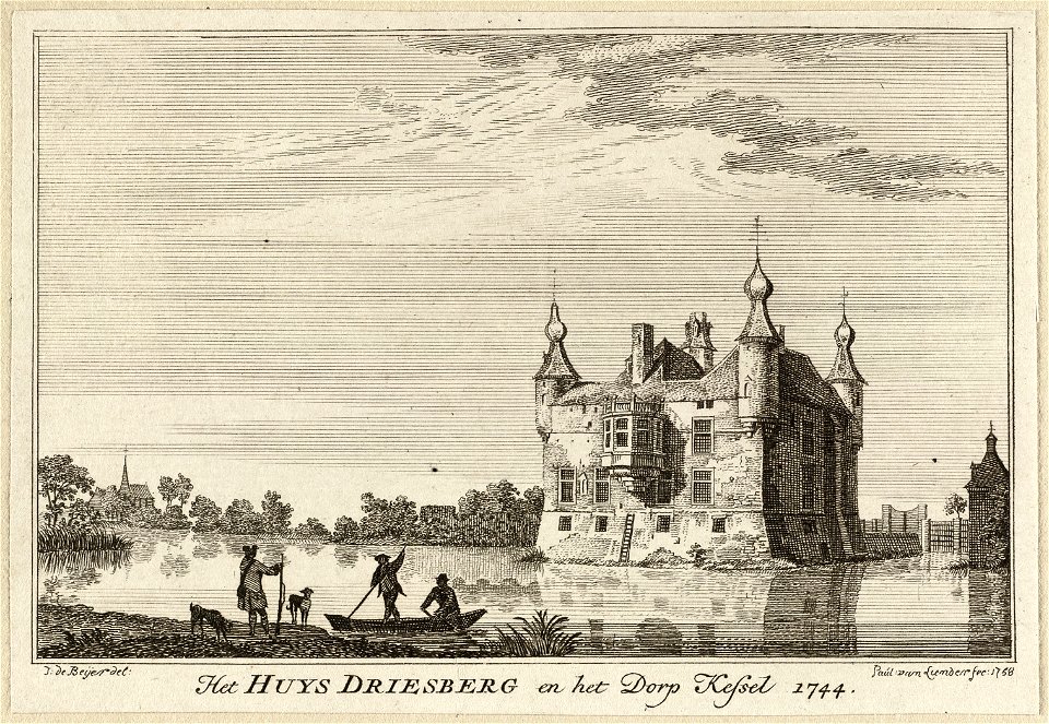 Gezicht op kasteel Driesberg. Links op de achtergrond het dorp Kessel Het Huys Driesberg en het Dorp Kessel, 1744, NL-HlmNHA 1477 53009689