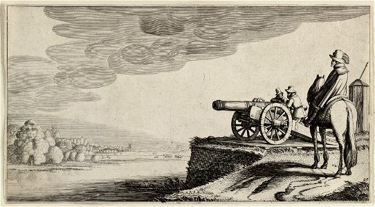 Een ruiter en twee soldaten bij een kanon op een rivieroever. NL-HlmNHA 53012561