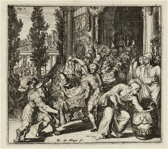 Een overleden Romeinse heerser uit de Klassieke Oudheid wordt op een draagbaar een gebouw in- of uitgedragen. NL-HlmNHA 53008861