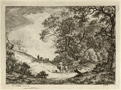Een ruiter, veedrijvers, schapen en koeien in een boomrijk landschap. NL-HlmNHA 1477 53010900