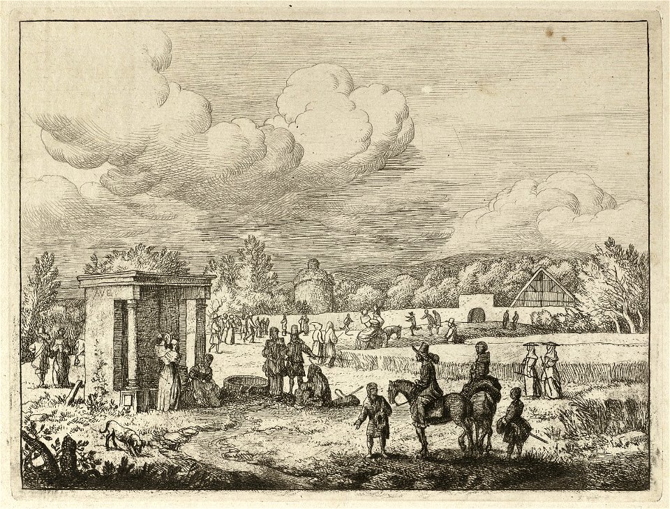 Een landschap met een korenveld, een brongebouwtje en verschillende personen te voet en te paard. Op de voorgrond twee ruiters en twee staande personen bij een stroompje afkomstig uit een wa, NL-HlmNHA 1477 53008024 K
