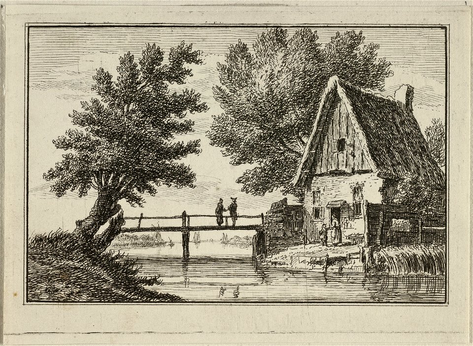Gezicht op een boerderij aan eenm rivier bij een brug. NL-HlmNHA 1477 53011953