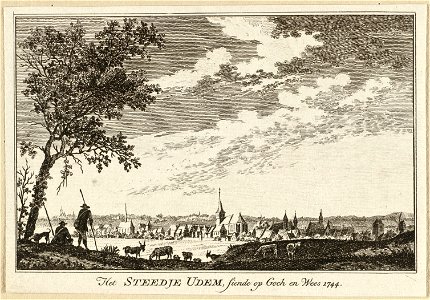 Gezicht op het Duitse stadje Uedem Het Steedje Udem, siende op goch en Wees, 1744. NL-HlmNHA 1477 53009681