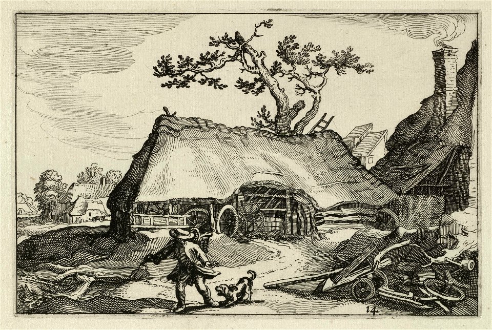 Gezicht op een landschap met een boerderij. Op de voorgrond blaft een hond naar een man met een mand aan een stok. NL-HlmNHA 1477 53013244