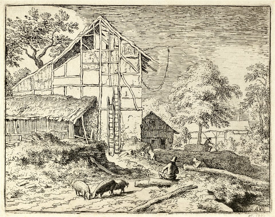 Gezicht op een boerenerf met op de voorgrond drie scharrelende varkens en een man zittend op een boomstam. Tegen een hoge schuur staan twee ladders. NL-HlmNHA 1477 53008022 K