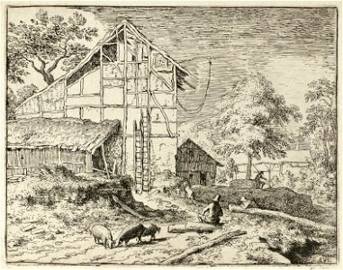 Gezicht op een boerenerf met op de voorgrond drie scharrelende varkens en een man zittend op een boomstam. Tegen een hoge schuur staan twee ladders. NL-HlmNHA 1477 53008022 K