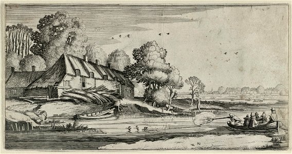 Eendenjacht op een rivier bij een boerderij. NL-HlmNHA 53012393