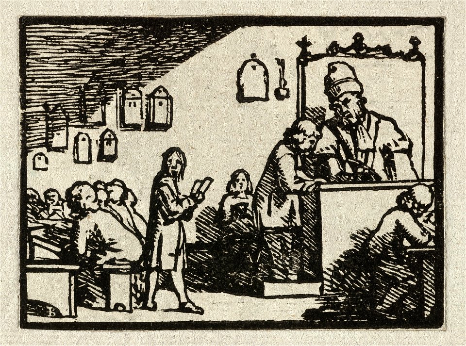 Gezicht in een schoolklas met meester achter lessenaar en leerlingen, NL-HlmNHA 1477 53010200