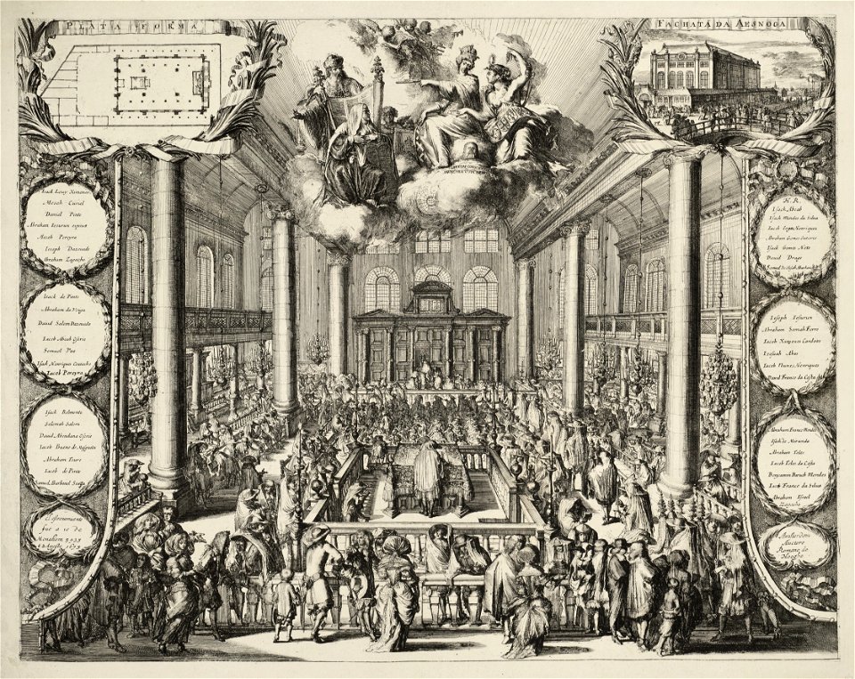 Gezicht in het interieur van de Nieuwe Portugese Synagoge te Amsterdam tijdens de inwijding, 2 augustus 1675. NL-HlmNHA 53008851
