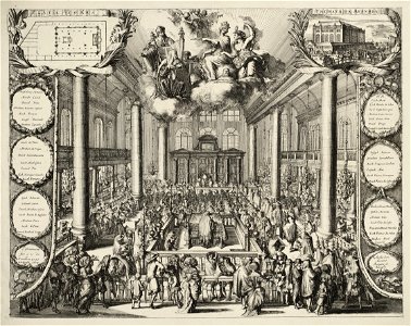 Gezicht in het interieur van de Nieuwe Portugese Synagoge te Amsterdam tijdens de inwijding, 2 augustus 1675. NL-HlmNHA 53008851