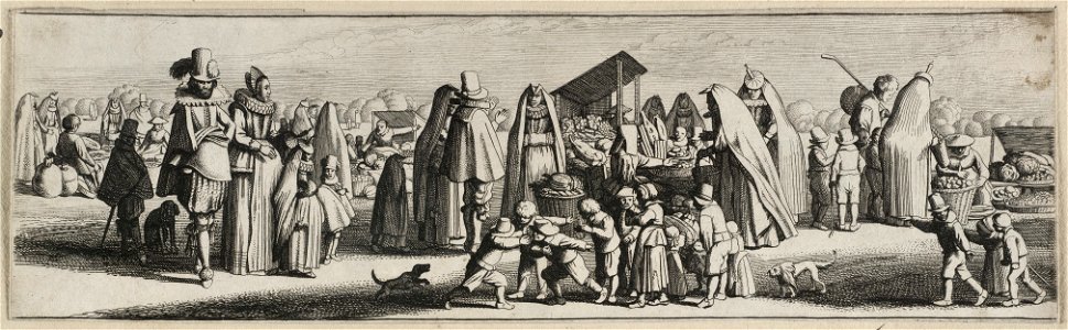 Elegant geklede dames en heren op een groentemarkt. NL-HlmNHA 53012558