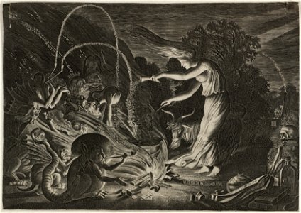 Een heks bij een kookpot waar zij poeders in giet. Er waait een harde wind. Voor haar een groep monsters. NL-HlmNHA 53012282