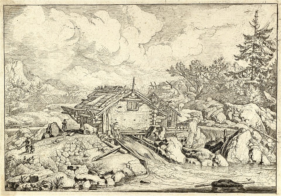 Gezicht op een watermolen waar een waterval onderdoor stroomt. Naast de watermolen staat een persoon bij een rots en iets verderop een man met een kind. NL-HlmNHA 1477 53008028 K