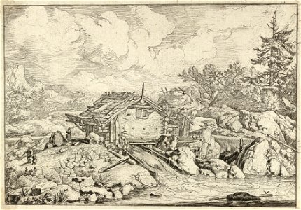 Gezicht op een watermolen waar een waterval onderdoor stroomt. Naast de watermolen staat een persoon bij een rots en iets verderop een man met een kind. NL-HlmNHA 1477 53008028 K