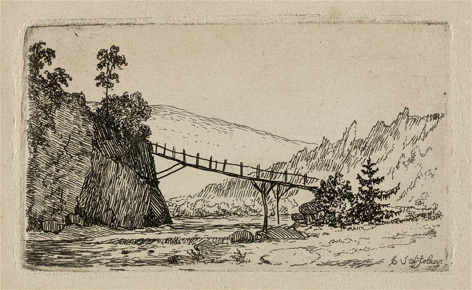 Een zwitserse brug over het water. Links rotsen. NL-HlmNHA 1477 53012065