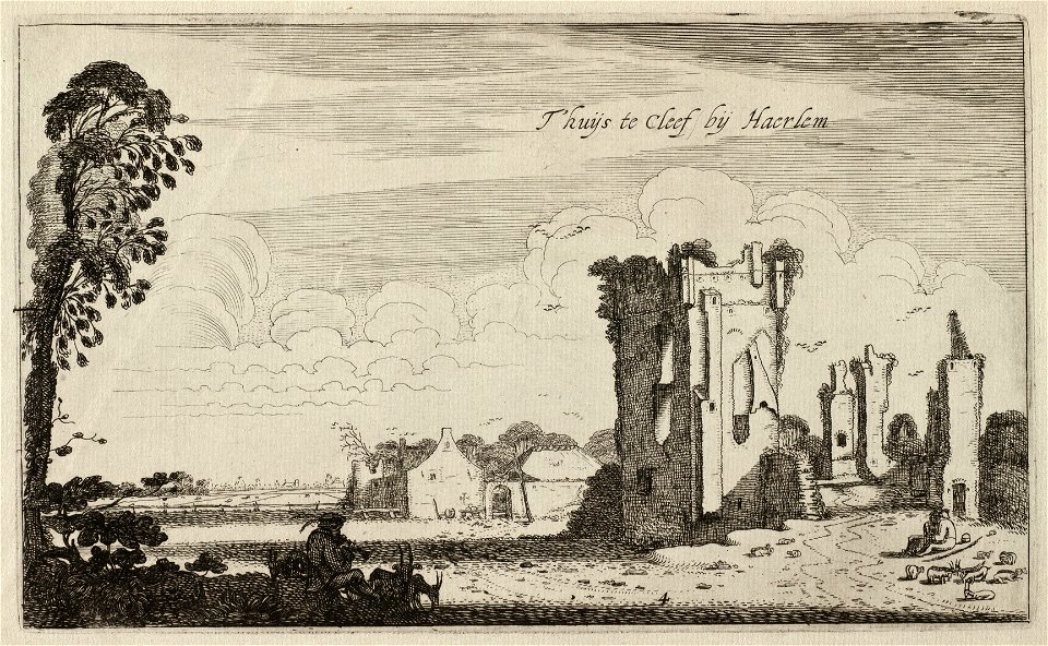 Gezicht op de ruïne van het Huis ter Kleef. Vierde prent uit een serie van zes. NL-HlmNHA 53012312
