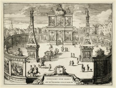 Gezicht op de erepoort op de markt, opgericht voor de intocht van stadhouder-koning Willem III te Den Haag, 5 februari 1691. Voor de poort twee obelisken en twee halfronde vleugels, alles ve, NL-HlmNHA 53009151