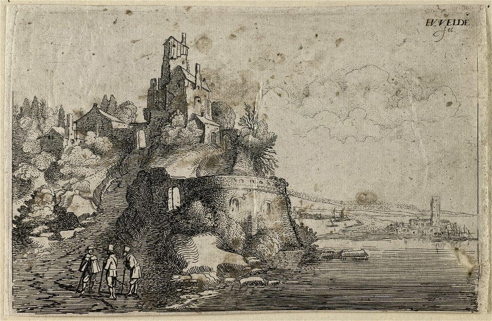 Figuren bij een fort in een rivierlandschap. NL-HlmNHA 53012265