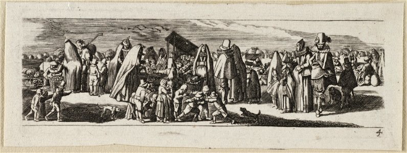 Elegant geklede dames en heren op een groentemarkt. NL-HlmNHA 53012566