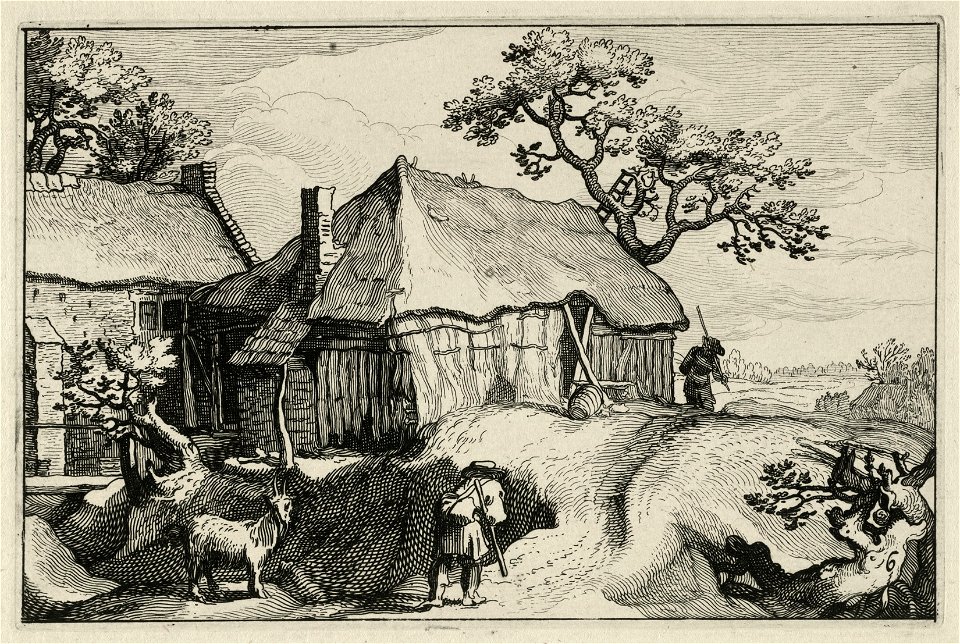 Gezicht op een glooiend landschap met op de voorgrond een boerenhoeve waar twee reizigers langs lopen. Bij de boerderij staat een geit. NL-HlmNHA 1477 53013236