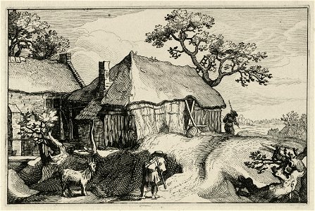Gezicht op een glooiend landschap met op de voorgrond een boerenhoeve waar twee reizigers langs lopen. Bij de boerderij staat een geit. NL-HlmNHA 1477 53013236