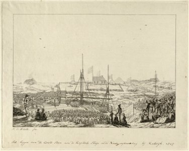 Feestelijke ceremonie van het leggen van de eerste steen voor de grote sluis te Katwijk, 7 augustus 1805. Centraal op het bouwterrein een heistelling en groepen toeschouwers. De bouwketen ve, NL-HlmNHA 1477 53010903