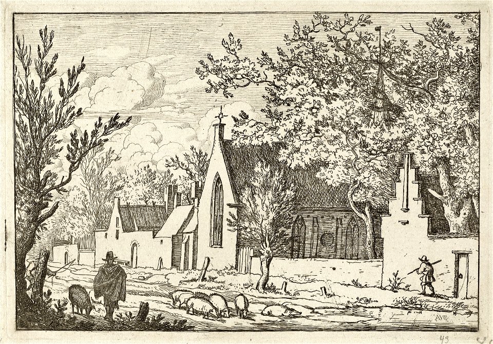 Gezicht op een kerk aan een pad waar enkele zwijnen scharrelen. Op de voorgrond de varkenshoeder. NL-HlmNHA 1477 53007973 K