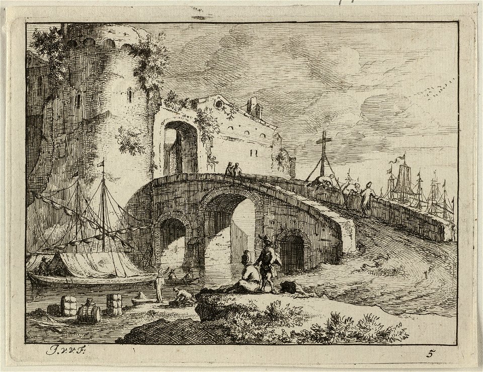 Gezicht op een havenplaats met een brug naar een stadspoort. NL-HLMNHA 1477 53012656